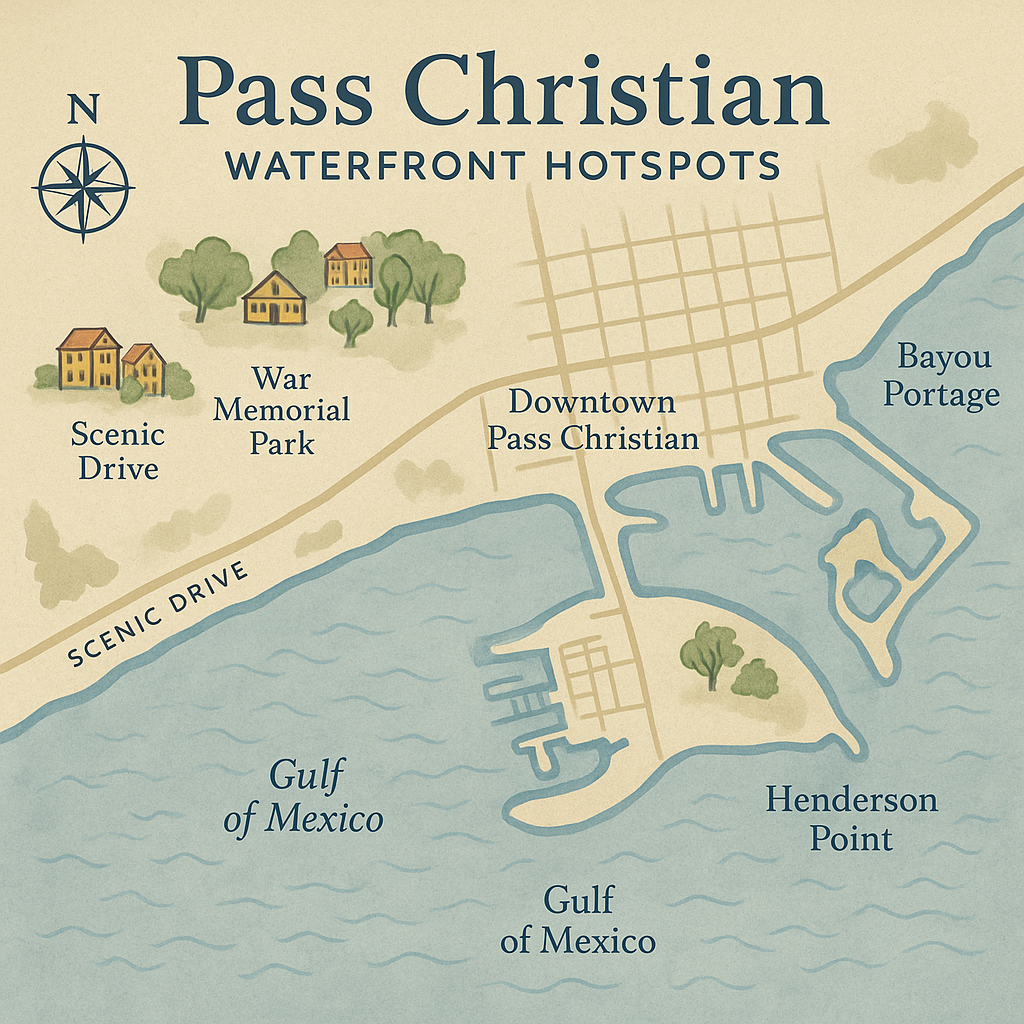 Pass Christian Mississippi custom map highlighting waterfront living