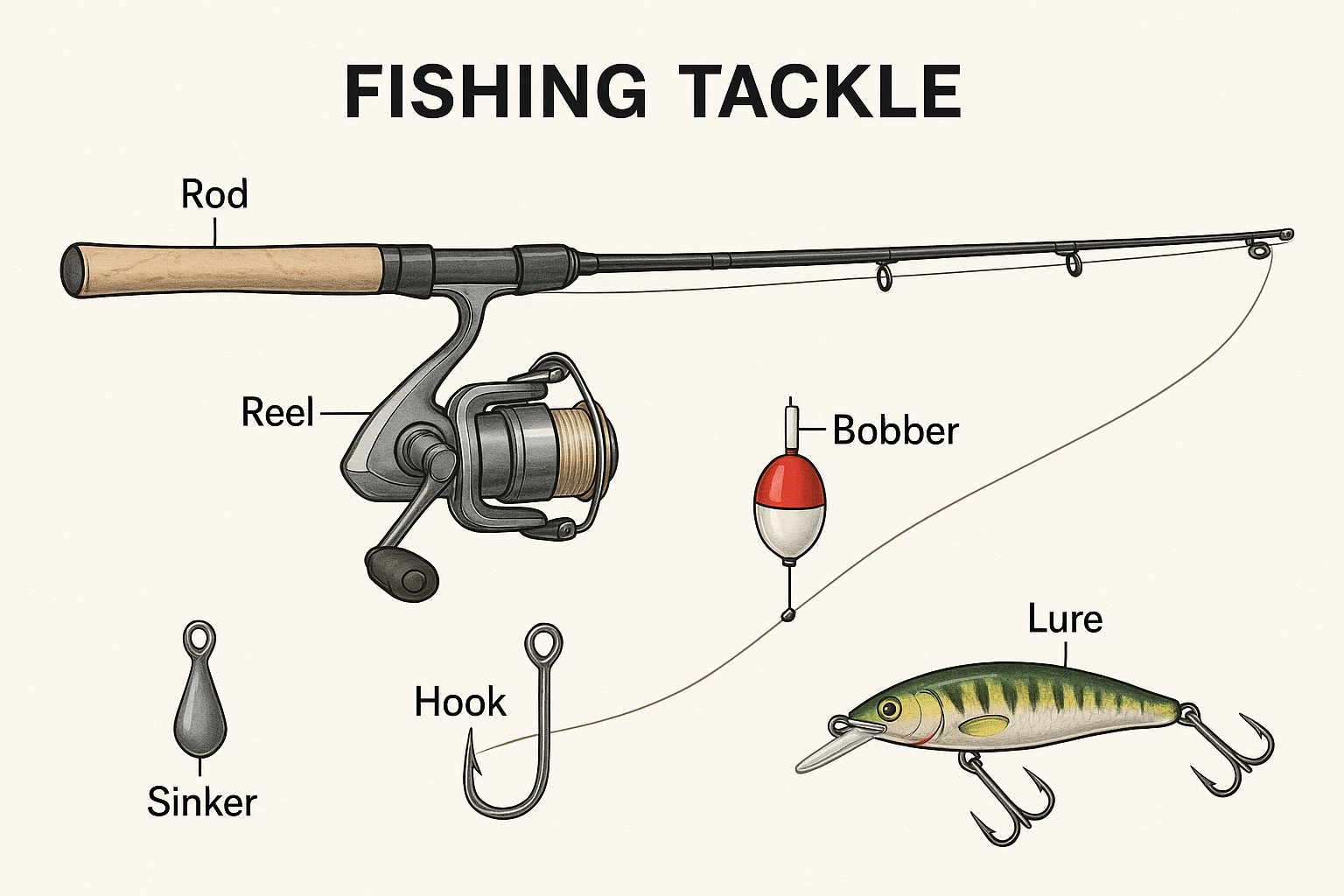 fishing tackle graphic with rod, sinker, lure, reel, and bobber