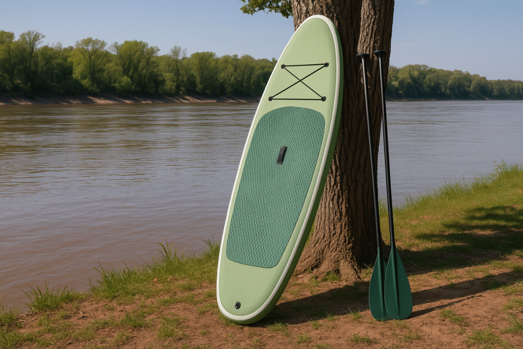 green paddle board leaned up against tree
