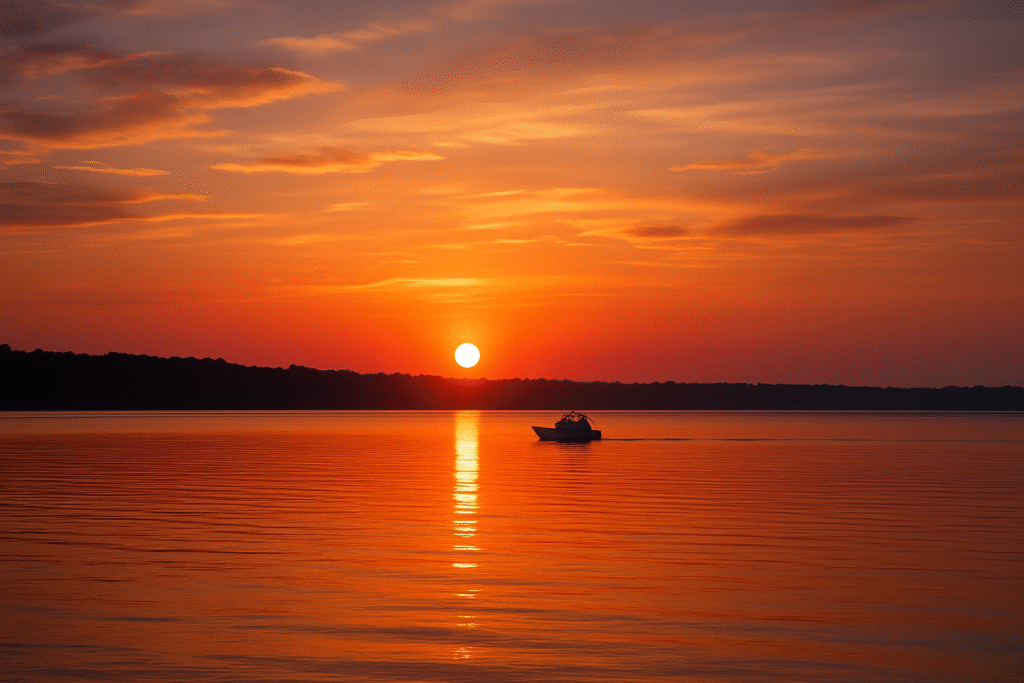 sunset on Lake Pontchartrain with ski boat on the horizon