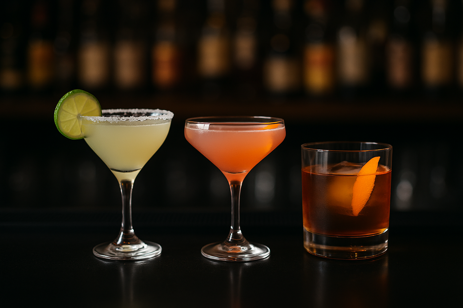3 drinks lined up on a bar
