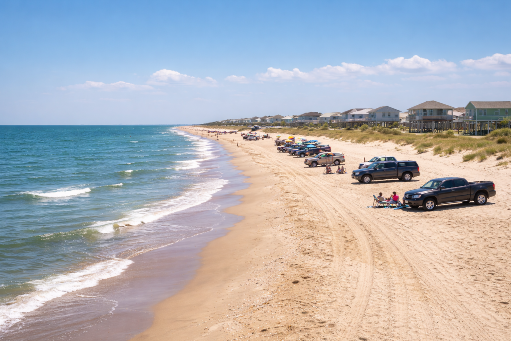 holly beach with cars on sand