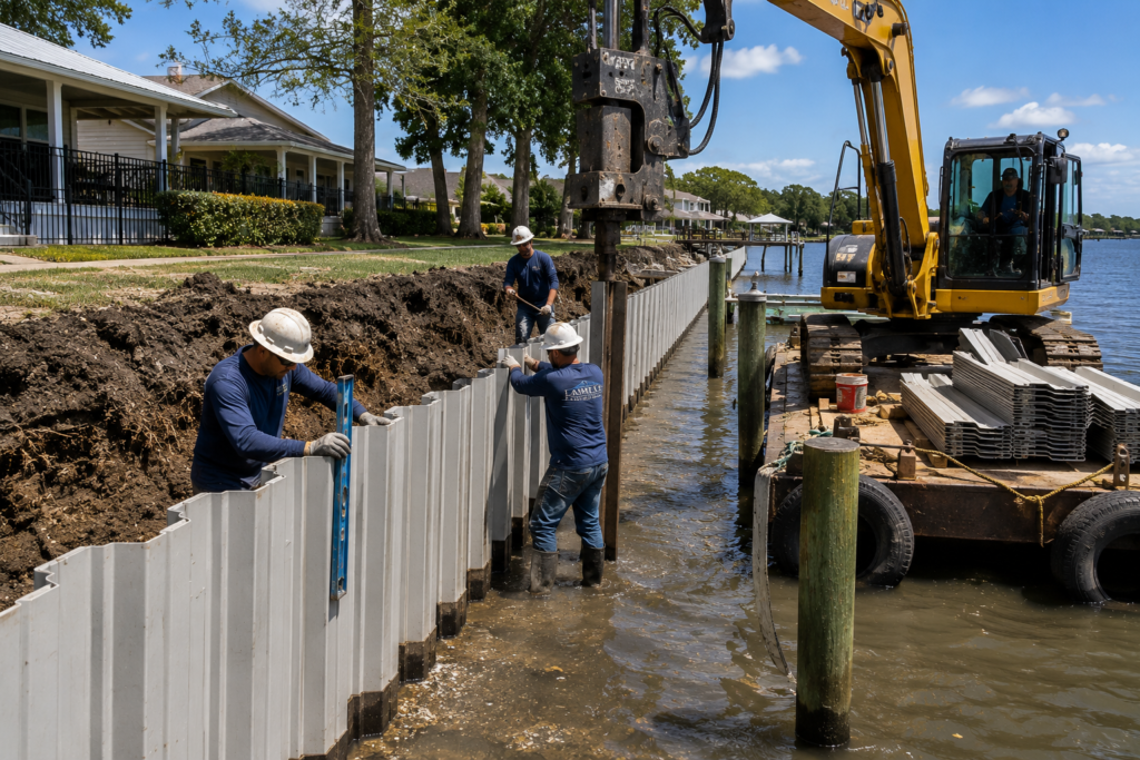 Seawall construction along waterfront shoreline