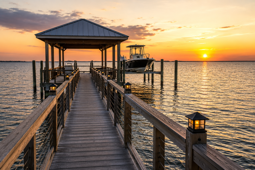 Sunset glow over a wooden pier