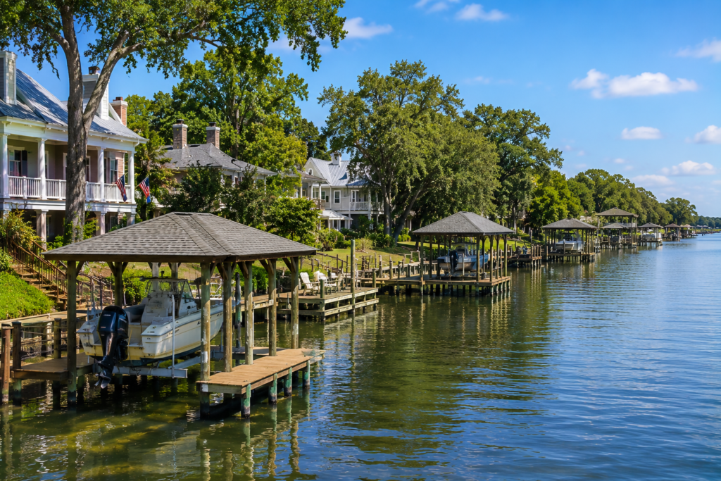 Tranquil waterside neighborhood on a sunny day