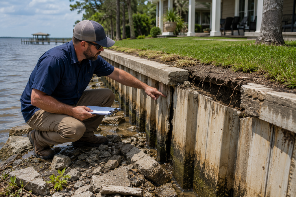 Waterfront seawall inspection by the lake