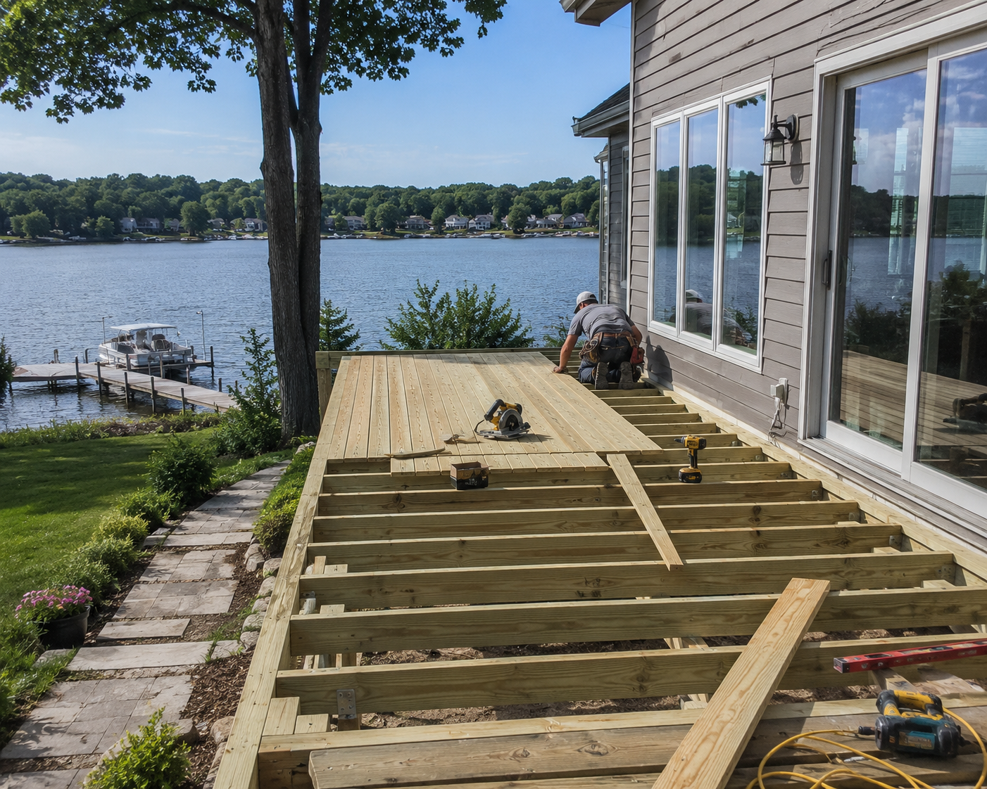 decking being built next to a lake in slidell
