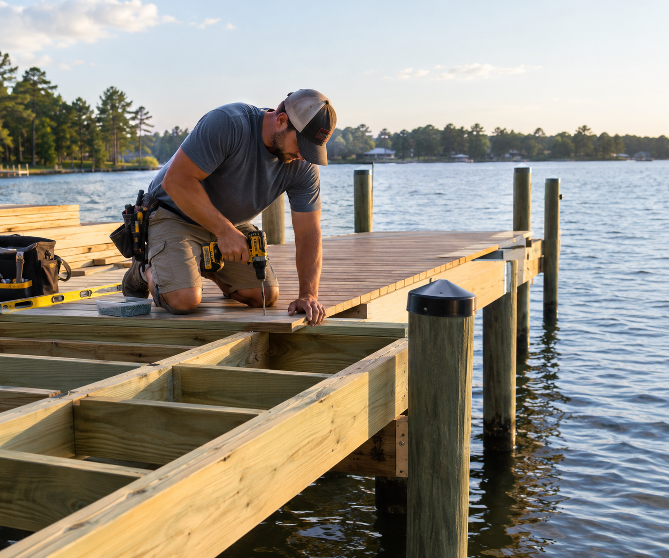 man building a lakeside dock